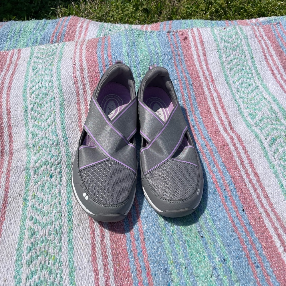 Ryka Klik Women's Criss-Cross Slip On Athletic Shoes - Grey with Purple Accents